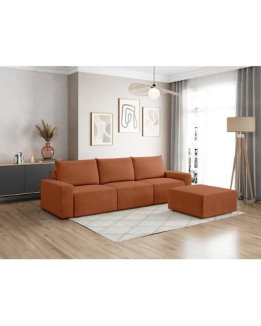 Pack - canapé droit fixe 3 places et pouf en velours côtelé terracotta