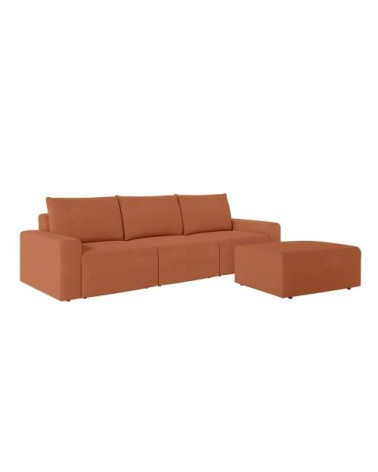 Pack - canapé droit fixe 3 places et pouf en velours côtelé terracotta
