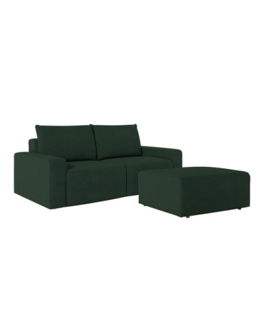 Pack - canapé droit fixe 2 places et pouf en velours côtelé vert foncé