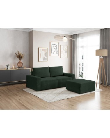 Pack - canapé droit fixe 2 places et pouf en velours côtelé vert foncé