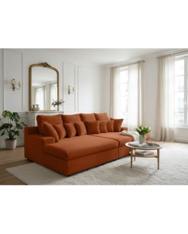 Canapé droit 4 places double méridienne, velours côtelé - terracotta