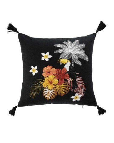 Housse de coussin aux impressions exotiques coton noir 40x40cm