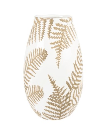Vase en grès blanc motifs feuilles dorées H24