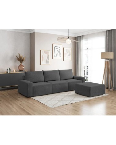 Pack - canapé droit fixe 3 places avec pouf en velours côtelé - gris