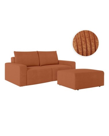 Pack - canapé droit fixe 2 places et pouf en velours côtelé terracotta