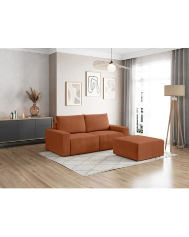 Pack - canapé droit fixe 2 places et pouf en velours côtelé terracotta