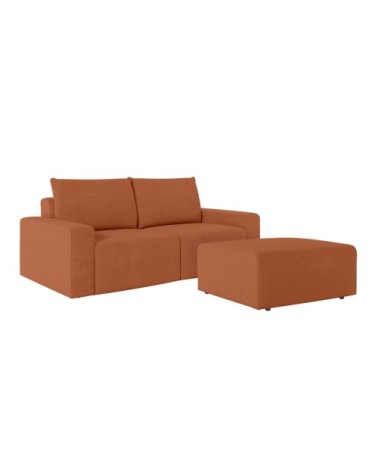 Pack - canapé droit fixe 2 places et pouf en velours côtelé terracotta