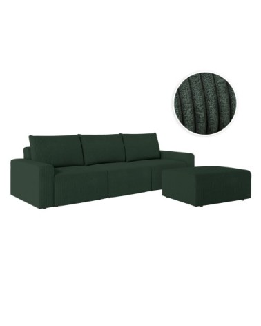 Pack - canapé droit fixe 3 places et pouf en velours côtelé vert foncé