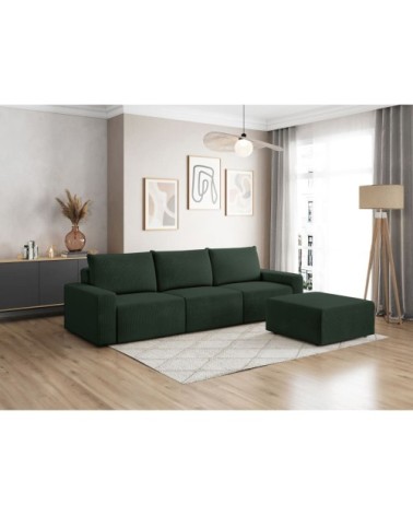 Pack - canapé droit fixe 3 places et pouf en velours côtelé vert foncé