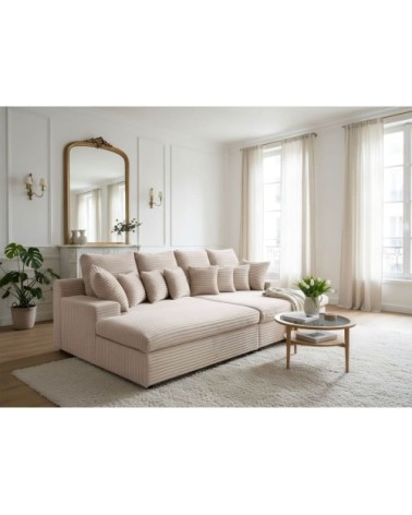 Canapé droit 4 places avec double méridienne, velours côtelé - beige