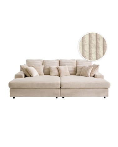 Canapé droit 4 places avec double méridienne, velours côtelé - beige