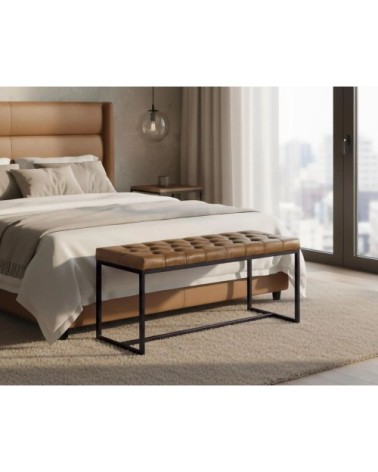 Banc avec assise rembourrée en cuir et pieds en fer