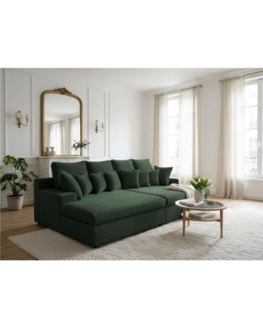 Canapé droit 4 places, double méridienne, velours côtelé vert foncé