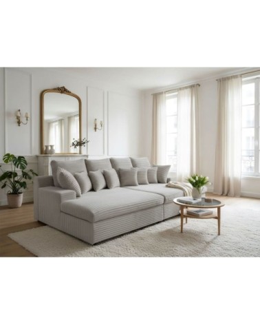 Canapé droit 4 places, double méridienne, velours côtelé gris clair