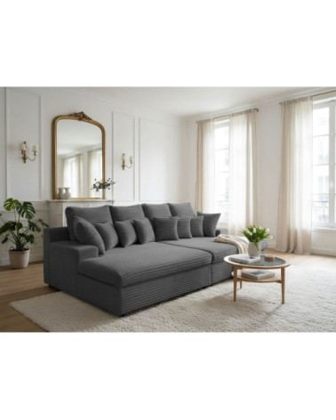 Canapé droit 4 places, double méridienne, velours côtelé gris foncé
