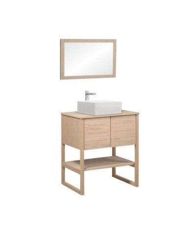 Meuble de salle de bain avec vasque et miroir effet bois clair