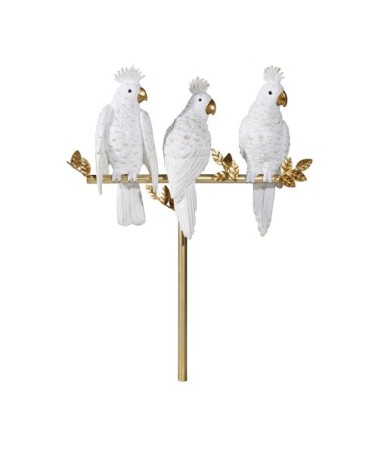 Statue 3 perroquets sur branche blanche et doré mat H50