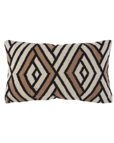 Coussin en coton écru motifs graphiques noirs et marron 30x60