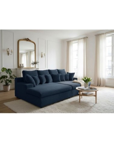Canapé droit 4 places, double méridienne, velours côtelé bleu foncé