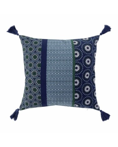 Housse de coussin à pompons coton bleu 40x40cm