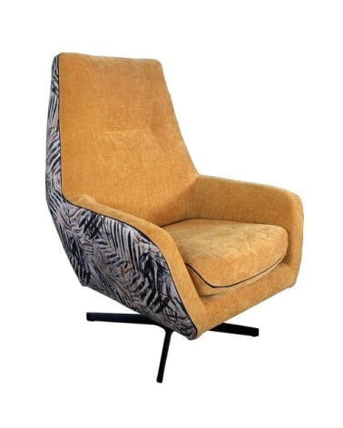 Fauteuil bicolore tissu imprimé et velours ocre