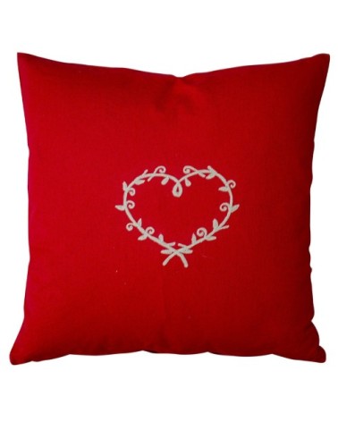 Coussin déhoussable au cur brodé coton rouge brodé naturel 40 x 40