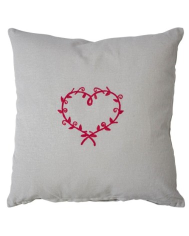 Coussin déhoussable au cur brodé coton naturel brodé rouge 40 x 40