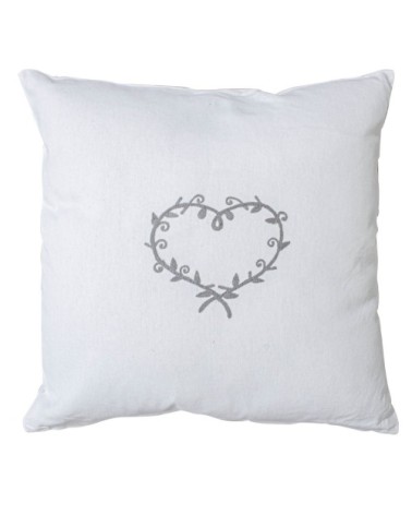 Coussin déhoussable au cur brodé coton blanc brodé gris 40 x 40