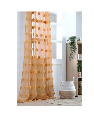 Voilage fantaisie à pompons polyester moutarde 260 x 140