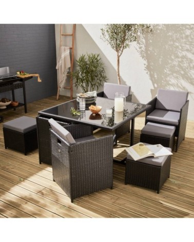 Ensemble de jardin 4-8 places noir Coussins gris table