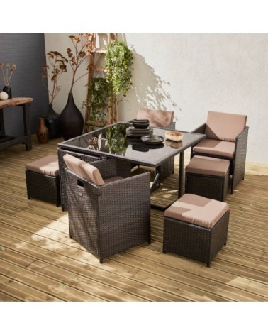 Ensemble de jardin 4-8 places marron Coussins taupe