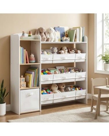 Etagères enfant montessori blanc avec paniers en panneau de particules