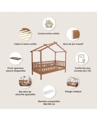 Lit cabane en bois marron 80x160 cm