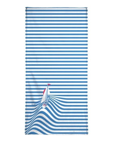 Serviette de plage en éponge-velours en blanc & bleu 90x180