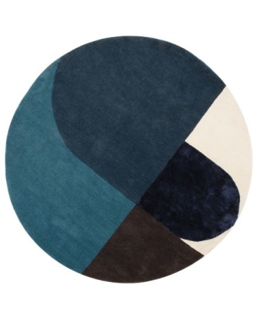 Tapis rond en laine et en viscose caramel, bleu gris, gris anthracite et gris brossé, D180