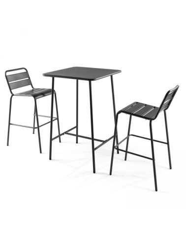 Ensemble table de bar et 2 chaises hautes en métal gris