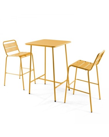 Ensemble table de bar et 2 chaises hautes en métal jaune