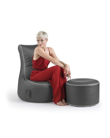 Pouf  noir avec piqure sellerie et passepoil blanc 95x65x90