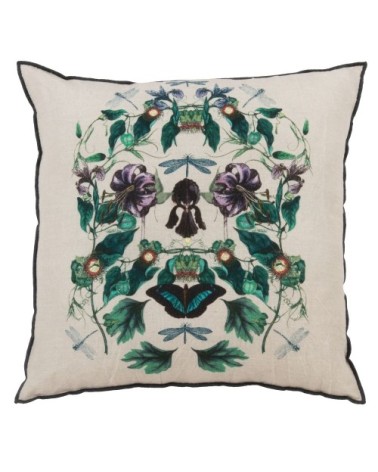 Housse de coussin en lin et en coton écrue imprimé floral et libellule vert et violet, 40x40