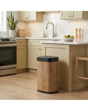 Poubelle de cuisine automatique acier inoxydable bois 58l