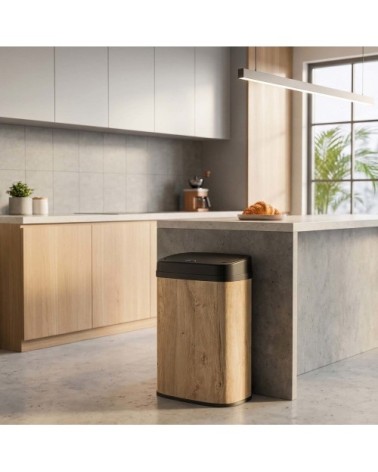 Poubelle de cuisine automatique acier inoxydable bois 58l