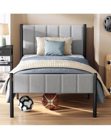 Cadre de lit simple 90 x 190 cm avec tête de lit rembourrée gris