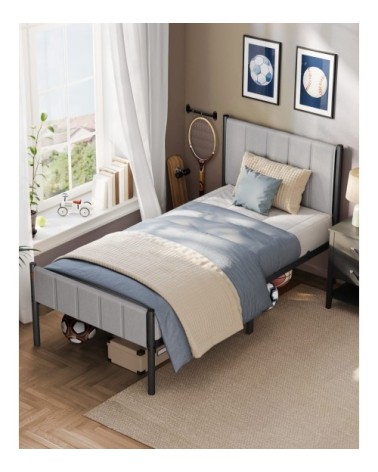 Cadre de lit simple 90 x 190 cm avec tête de lit rembourrée gris