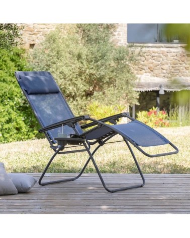 Ensemble fauteuil relax et porte gobelet en acier bleu