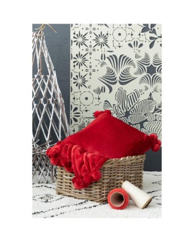 Coussin  pompons en polyester rubis 45 x 45