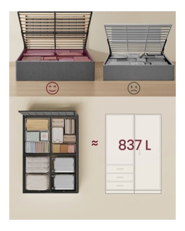 Cadre de lit 140 x 190 cm sommier relevable avec rangement gris foncé