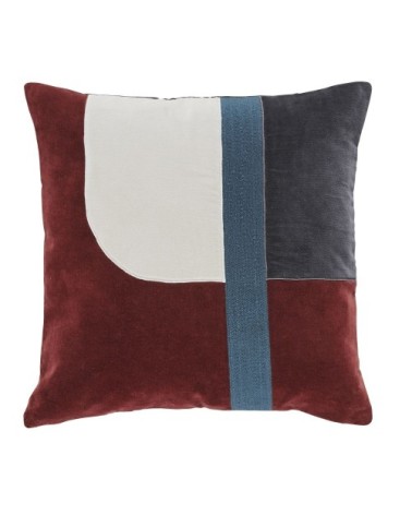 Coussin en velours et broderies rouge, blanc et bleu 45x45