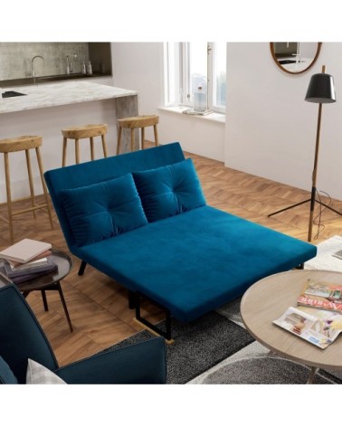 Canapé convertible pliant tissu effet velours bleu