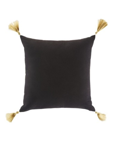 Coussin en coton noir soleils brodés et pompons 45x45