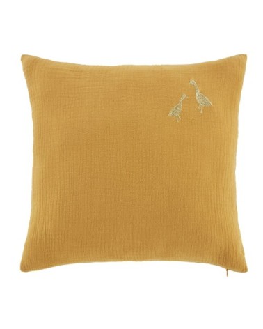 Coussin gauffré broderie oie jaune moutarde et dorée, 35x35